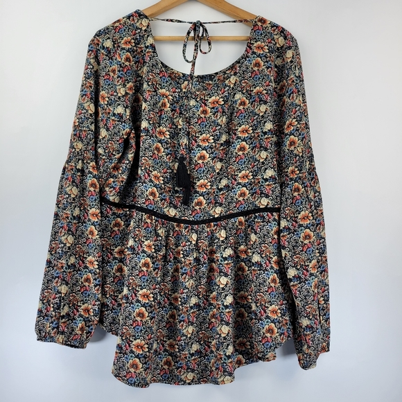 Knox Rose Womens Blouse Large Floral Peasant Long Sleeve Back Tassel Tie Neck - Picture 3 of 15